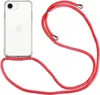 A clear product shot of a phone case with a red lanyard attached, set against a white background. Produktbild-Vorschau