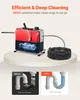 A pipe cleaning machine is shown on a pedestal, with a before and after comparison of a clogged drain. Anteprima dell’immagine prodotto