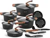 A collection of black cookware with wooden handles and glass lids, arranged on a white background. Produktbild-Vorschau