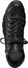 A top-down view of a black leather high-top sneaker with laces and a zipper. Voir les images du produit