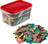 A clear plastic container with a red lid filled with colorful wooden glazing blocks, and a pile of the same blocks scattered in front of it. Produktbild-Vorschau