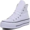 A white Converse Chuck Taylor All Star high-top sneaker with a platform sole is shown against a white background. Voir les images du produit