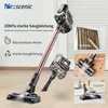 A collage showcasing a cordless vacuum cleaner with various attachments and usage scenarios, including cleaning curtains, floors, and carpets. Text highlights features like suction power and motor type. Produktbild-Vorschau