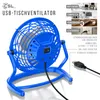 A blue USB desk fan is shown in a collage with several smaller images demonstrating how it can be powered by a laptop, computer, power bank, or wall socket. Náhled obrázku produktu
