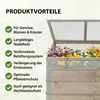 A wooden cold frame filled with flowers, with a list of product advantages on the left. Produktbild-Vorschau