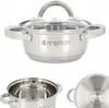 A collage of three images showing a stainless steel pot with a glass lid from different angles. Náhled obrázku produktu