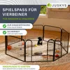 A black metal pet playpen with a puppy inside, surrounded by toys and pet accessories. Podgląd zdjęcia produktu