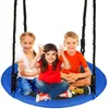 Three children are sitting on a blue swing against a white background. Voir les images du produit