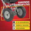 Close-up of the wheels of a spreader, with marketing text and icons highlighting features. Produktbild-Vorschau
