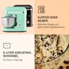 A collage of images showing a kitchen mixer, text describing its features, and a bowl of cookie dough. Produktbild-Vorschau