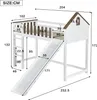 A diagram of a white loft bed with a slide, showing various dimensions in centimeters. Produktbild-Vorschau