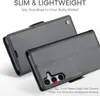 Two black leather phone cases are shown, one slightly behind the other, with text overlays highlighting features. Produktbild-Vorschau