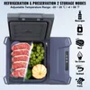 An open portable refrigerator showing food items inside, with icons and text describing its features and storage modes. Produktbild-Vorschau