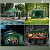 Collage of four images showing a green pop-up gazebo in different settings: by a pool, in a park, at night with people dining, and at a market stall. Produktbild-Vorschau