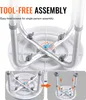 Close-up view of the base of a shower stool, illustrating its tool-free assembly mechanism with rotating screws and inset images showing assembly steps. Produktbild-Vorschau