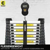 A telescoping ladder is being weighed on a digital scale, with text indicating its weight and dimensions. Produktbild-Vorschau