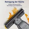 A cleaning device is shown cleaning a spill on a tiled surface, with German text overlayed. Produktbild-Vorschau