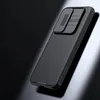 A black phone case with a sliding camera cover is shown on a dark, reflective surface. Náhľad obrázku produktu