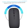 A close-up of a dark gray computer mouse with text overlays describing its features. Produktbild-Vorschau