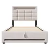 A front view of a beige upholstered bed frame with a tufted headboard, shown against a white background. Produktbild-Vorschau