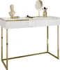 A white console table with gold accents and legs, decorated with a bust, jewelry, and makeup brushes. Produktbild-Vorschau