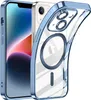A clear phone case with a blue metallic rim is shown on a white background, with a phone partially visible inside. Produktbild-Vorschau