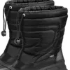 A close-up view of the top portion of two black winter boots. Voir les images du produit