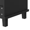 A close-up view of the bottom section of a black cabinet, showing its legs and the screws used for assembly. Produktbild-Vorschau