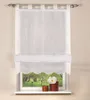A white sheer curtain with decorative trim hangs in a window, with a view of trees and greenery outside. Two small decorative pots are on the windowsill. Produktbild-Vorschau