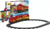 A toy train set with a station and track, displayed with its packaging. Podgląd zdjęcia produktu