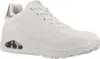 A white Skechers Uno sneaker with rose gold accents is shown from the side on a white background. Voir les images du produit