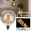A collage of images showing a decorative LED light bulb and its filament. Produktbild-Vorschau