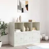 A white sideboard with three open shelves on top and three locker-style cabinets below, set against a white wall with abstract art above. Decorative vases and books are placed on the shelves. Produktbild-Vorschau