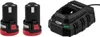 Two black and red batteries and a black battery charger are shown against a white background. Produktbild-Vorschau