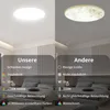 A split image comparing two ceiling lights, one labeled 'Unsere' (Ours) and the other 'Andere' (Others), highlighting features in a bedroom setting. Produktbild-Vorschau