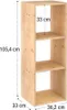 A wooden shelving unit with three compartments, shown from the front with dimensions indicated. Podgląd zdjęcia produktu
