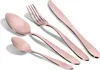 A set of rose gold cutlery, including a knife, fork, and two spoons, arranged diagonally on a white background. Podgląd zdjęcia produktu