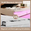 A collage showing two different bed storage options. The top part shows a bed with a large lift-up storage compartment, while the bottom shows a bed with drawers. The text indicates comparison between large storage and limited drawer storage. Voir les images du produit