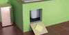 A bathroom scene showing a ventilation unit, green tiles, and a partially opened access panel with tiles. Podgląd zdjęcia produktu