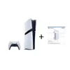 A Playstation 5 console, controller, and an accessory box are displayed on a white background. Produktbild-Vorschau