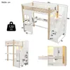 Collage of images showing a loft bed with stairs, desk, and storage compartments, with various dimensions indicated. Produktbild-Vorschau