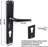 A black door handle set with dimensions and a key shown against a white background. Produktbild-Vorschau