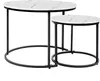 Two round nesting coffee tables with white marble-look tops and black metal frames, shown against a white background. Produktbild-Vorschau