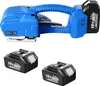 A blue and black electric strapping tool with two black batteries shown against a white background. Produktbild-Vorschau