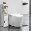 A white bathroom cabinet next to a white toilet. Produktbild-Vorschau