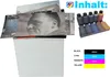 A collage of product images showing printer ink bottles, printed photos, and a stack of paper, along with a color chart. Produktbild-Vorschau