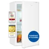 A white refrigerator with its door slightly ajar, displaying its interior and some fruit. It has several award badges on the left side and a circular marketing sticker on the door. Produktbild-Vorschau