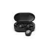 A pair of black wireless earbuds and their charging case are displayed against a white background. Produktbild-Vorschau