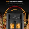 A black air fryer is shown in the center, with various foods like pizza and roasted chicken surrounding it. The text '30% Kochzeit Einsparen' is prominently displayed at the top. Produktbild-Vorschau