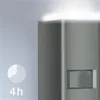 Close-up of a modern outdoor light fixture with a motion sensor, showing a timer icon and text indicating '4h'. Produktbild-Vorschau
